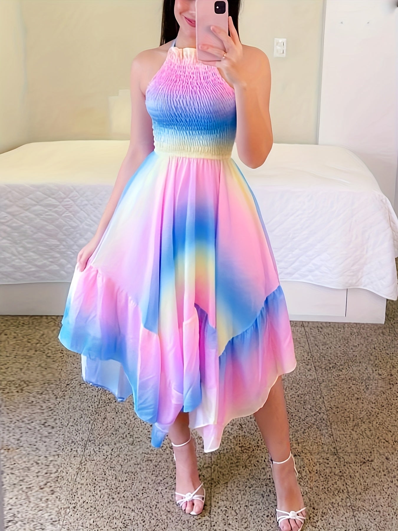 Elegant Gradient Color Women's Dress - Sleeveless Halter Neck with Ruffled Hem, Lightweight Polyester for Spring/Summer, Pastel Pink to Blue Ombre Design, Formal Summer Dress | Flared Skirt | Polyester Fabric